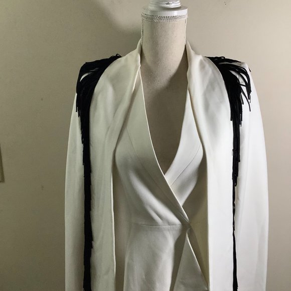 BCBGMAXAZRIA Off-White Paola Tassels Trim Blazer Long Size XXS - Picture 2 of 15